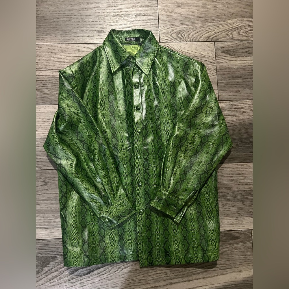 New with tags Nasty Gal size 6 green faux leather jacket with snakeskin print.